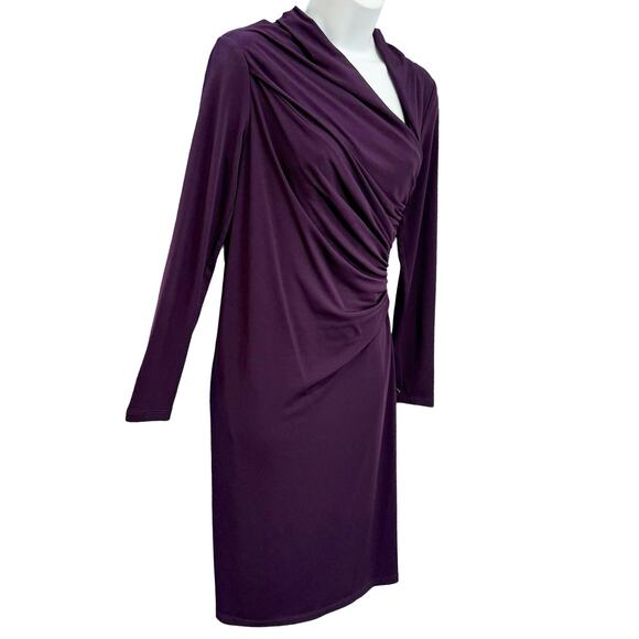 David Meister Ruched Asymmetrical Purple Faux Wrap Long Sleeve Sheath Dress sz 4 - Picture 12 of 12